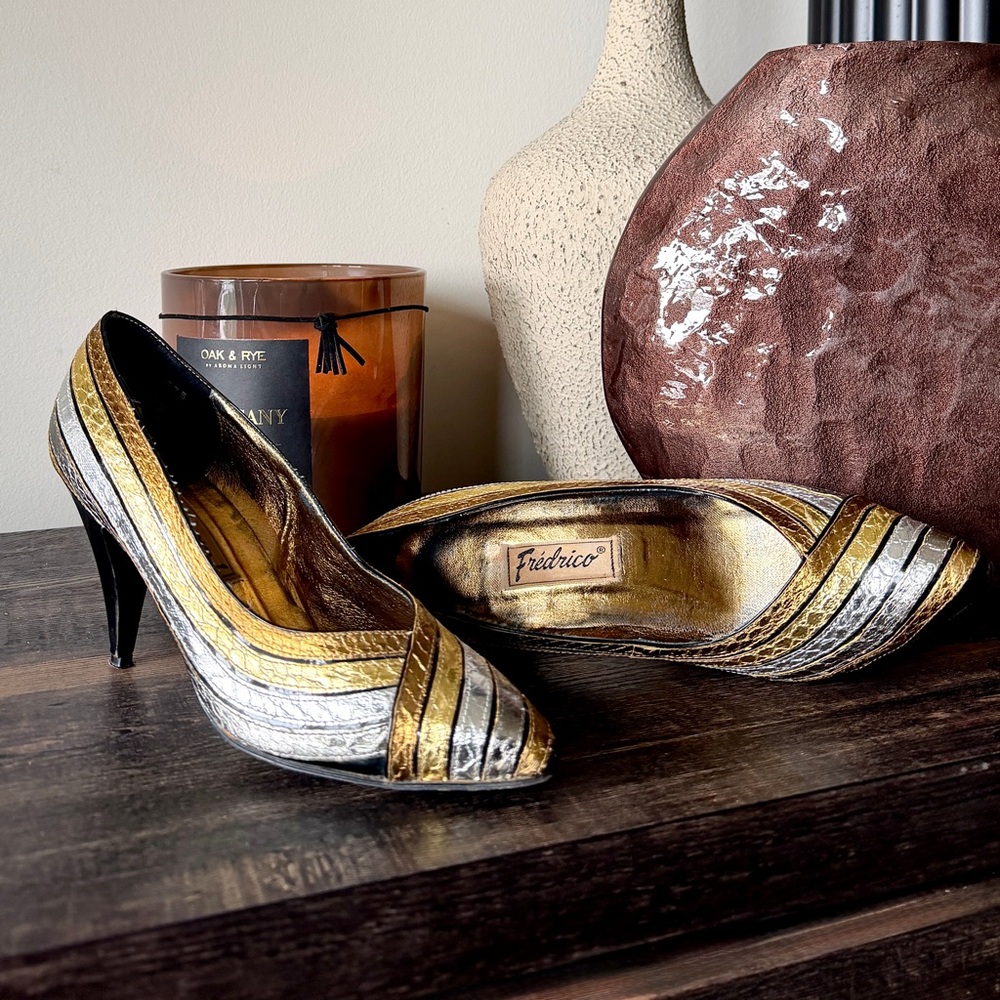 Vintage Genuine Snakeskin Metallic Gold & Silver Stiletto Kitten Heels 7.5